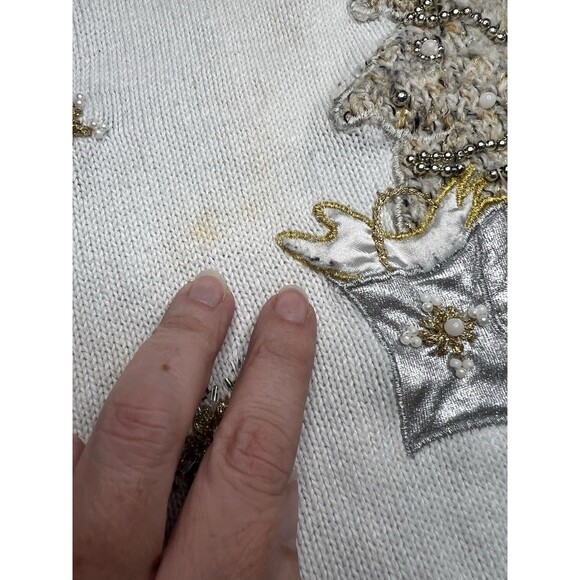 Vintage Victoria Jones White Ugly Christmas Sweater Tree Silver Gold Size L - Picture 5 of 12